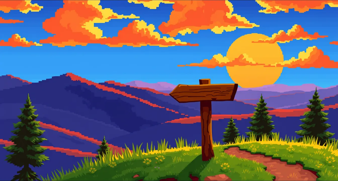 Pixel-art illustration of a wooden signpost on a hilltop path at sunset, pointing along the trail.